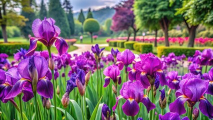 Fototapeta premium Purple irises blooming in a Turkish garden with pink flowers
