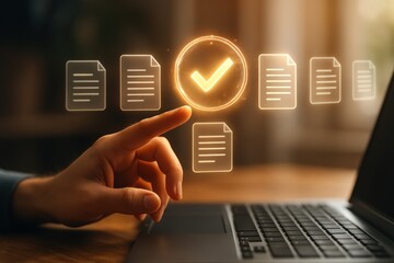 Digital Approval: A hand interacts with a virtual document, a digital symbol of verification glows, signifying seamless approval, data management and digital transformation. 