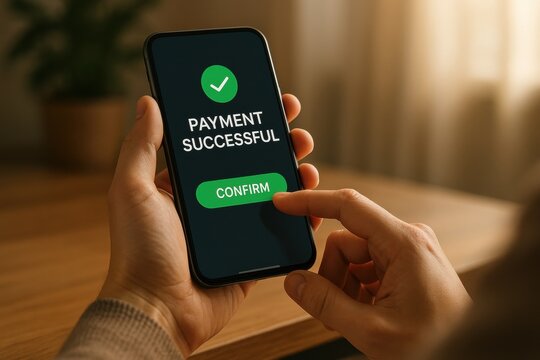 Digital Transaction Confirmation: A close-up shot of a hand holding a smartphone displaying a payment successful confirmation message, emphasizing the seamlessness of mobile transactions.