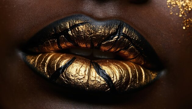Close-up of dark skin lips with black and gold metallic paint. Luxurious texture with cracks shows elegance and creativity. Ideal for fashion, beauty, and body art photography.