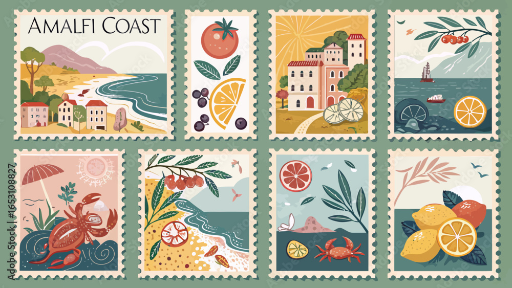 Poster collection of twelve colorful flat design elements possibly icons or illustrations suitable for vari