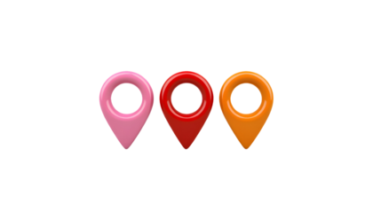 Three glossy location pins in pink, red and orange, on transparent backdrop.