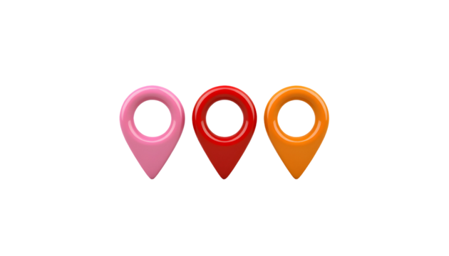 Three glossy location pins in pink, red and orange, on transparent backdrop.