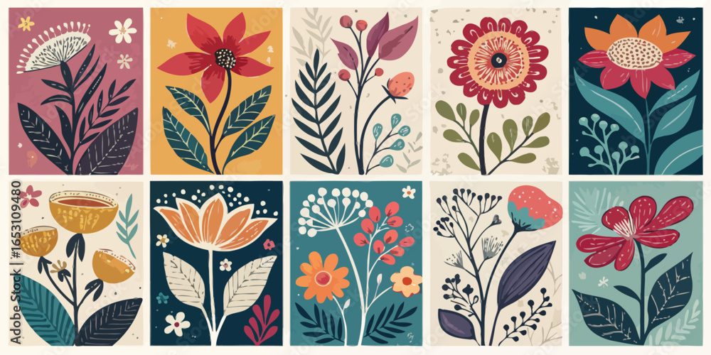 Poster twelve stylized floral and botanical design elements perfect for adding a touch of nature to your pr