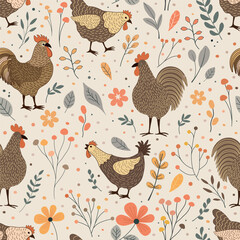 Floral seamless pattern with cute cartoon colorful chickens  
