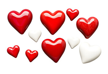 Heart Collection Glossy Red and White 3D Renderings on Transparent Background