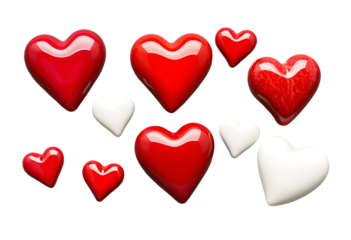 Heart Collection Glossy Red and White 3D Renderings on Transparent Background