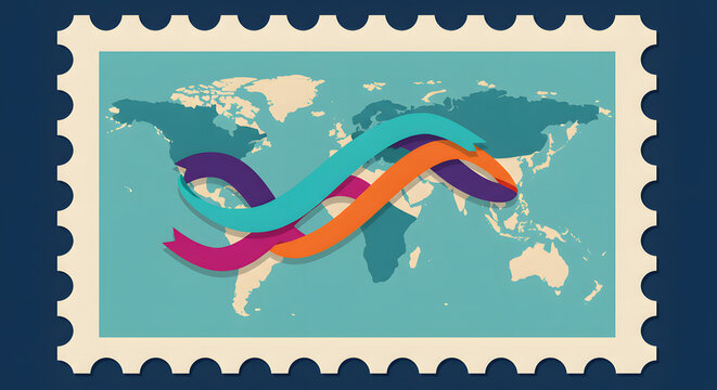 Global postage stamp design with a world map and abstract wavy lines illustrating international logistics, data transfer, and worldwide travel
