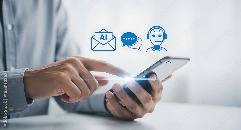 Poster person using smartphone with ai chatbot and customer service icons displayed artificial intelligence