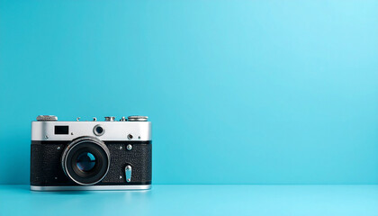 Retro charm: The nostalgic allure of a vintage film camera on a vibrant backdrop, Capturing memories with classic elegance: A vintage camera against a cheerful, bright teal surface