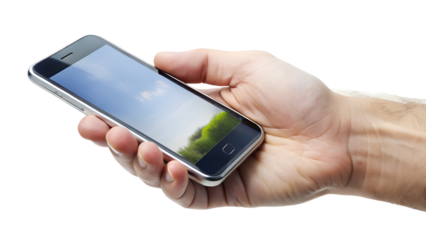 Hand holding a smartphone with a landscape image on the screen isolated on transparent background