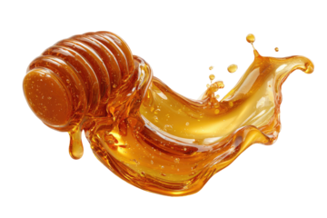 Honey dripping and splashing, a golden liquid in motion