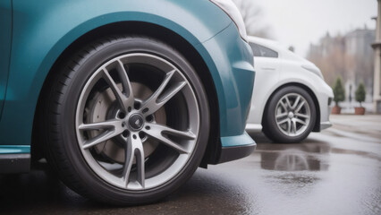 Close-up of Teal Car Wheel and Rim with Silver Sports Car Background, Outdoor