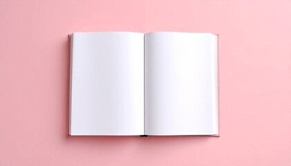 Open blank book against soft pink background, perfect for showcasing book layouts and creative designs, Clean mock up of book spread with minimalist pink backdrop