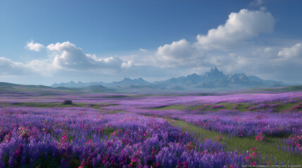 Fototapeta premium Vibrant purple wildflowers create an expansive field, stretching towards distant, misty mountains under a sky.