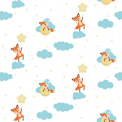 Cute seamless pattern with baby fox. Cute animal is dreaming in a dream.
