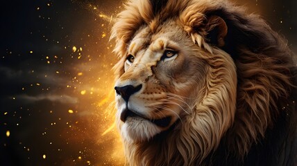 Fototapeta premium Majestic lion portrait radiating power and confidence with golden light and sparkling effects, a symbol of strength and leadership for impactful designs