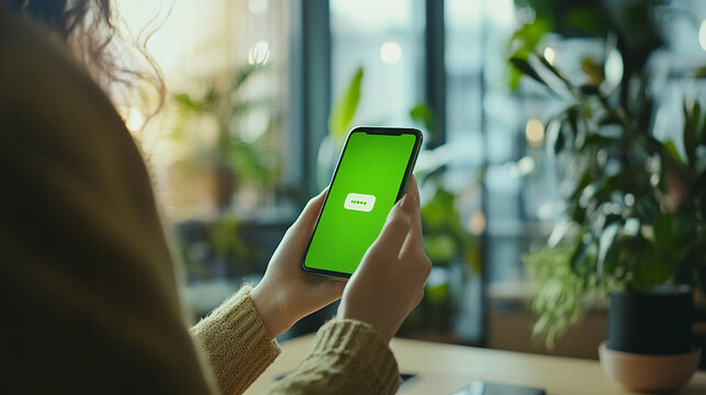 Close-up of bright green 'Share' icon on messaging app, tapped by user in modern co-working space