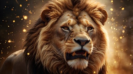 Naklejka premium Majestic lion roars with power and ferocity, golden light shimmering around its regal mane, symbolizing strength and leadership in the wild