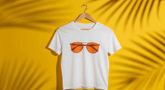  white tshirt with pixelated sunglasses hanging on a yellow background - Powered by Adobe