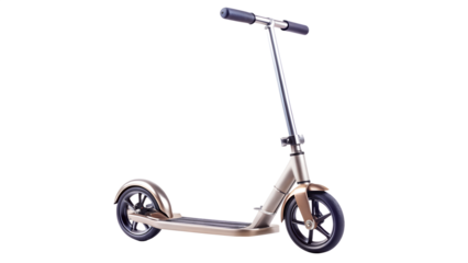 A modern kick scooter with metallic frame and black wheels isolated on transparent background for urban transportation