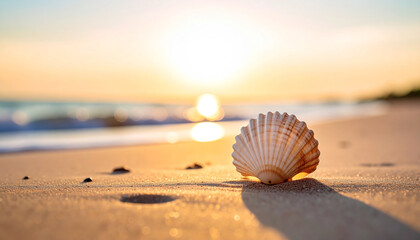 Seashell Sunrise Serenity, A Single Seashell Adorned on the Beach at Sunrise