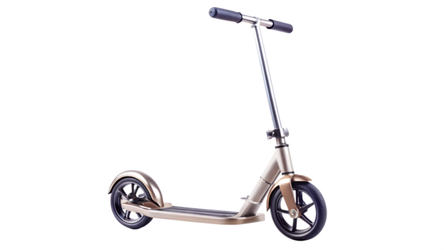 A modern kick scooter with metallic frame and black wheels isolated on transparent background for urban transportation