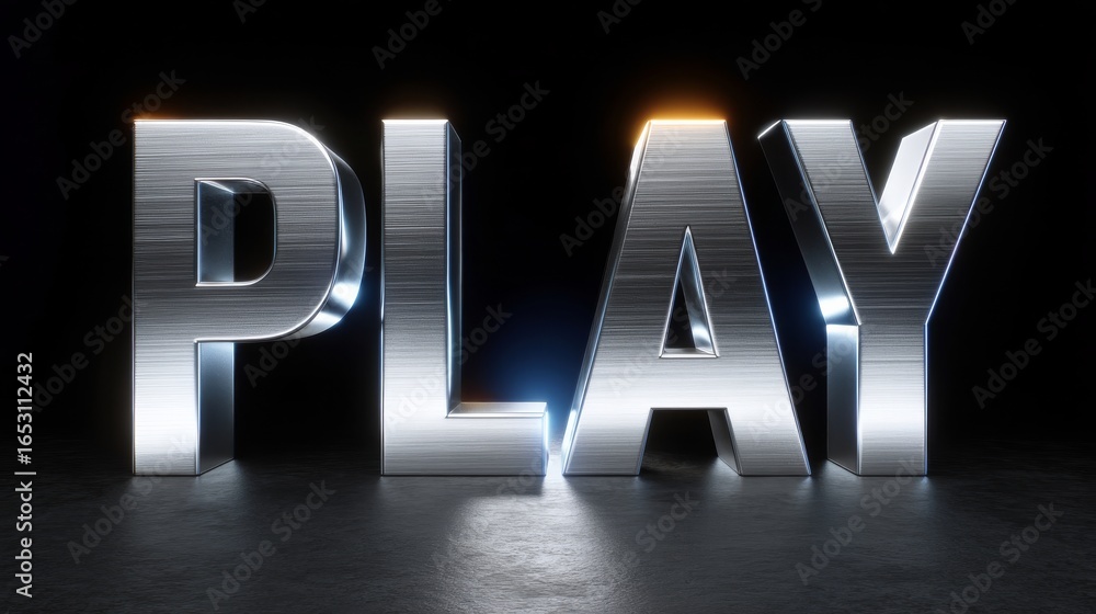 Aufkleber 3d metallic chrome text 'play' illuminated with dynamic lighting in dark background