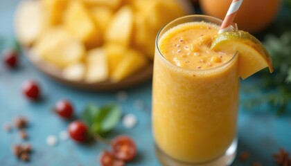 Refreshing vibrant orange smoothie garnished with fresh mango slice, perfect for healthy lifestyle promotions and summer beverage advertising.