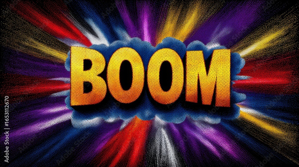Poster bold boom text with vibrant halftone dots and explosive colors in dynamic visual impact
