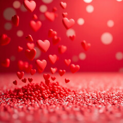 Red hearts falling and accumulating on a textured surface