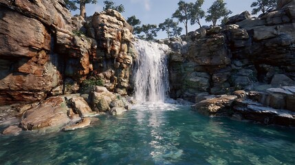 Naklejka premium A serene waterfall cascades down a rocky cliff into a tranquil pool of water, surrounded by lush greenery and towering rock formations.