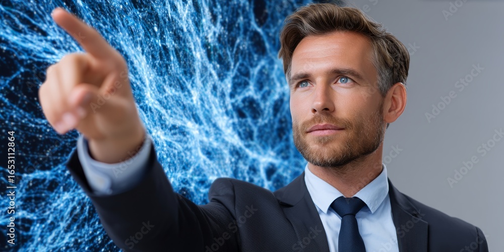 Poster businessman engaging with holographic display while exploring innovative data concepts