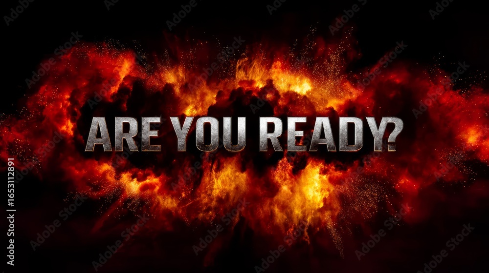 Aufkleber cinematic fiery explosion background with bold text 'are you ready?' creating intense atmosphere