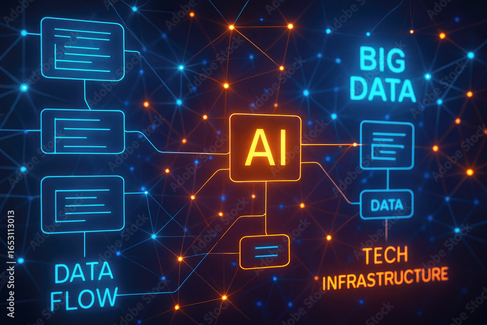 Poster ai and big data network with glowing neon lines connecting information blocks artificial intelligenc