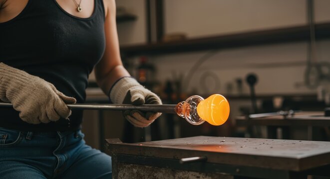 Glassblower shaping molten glass in workshop with focus and care  