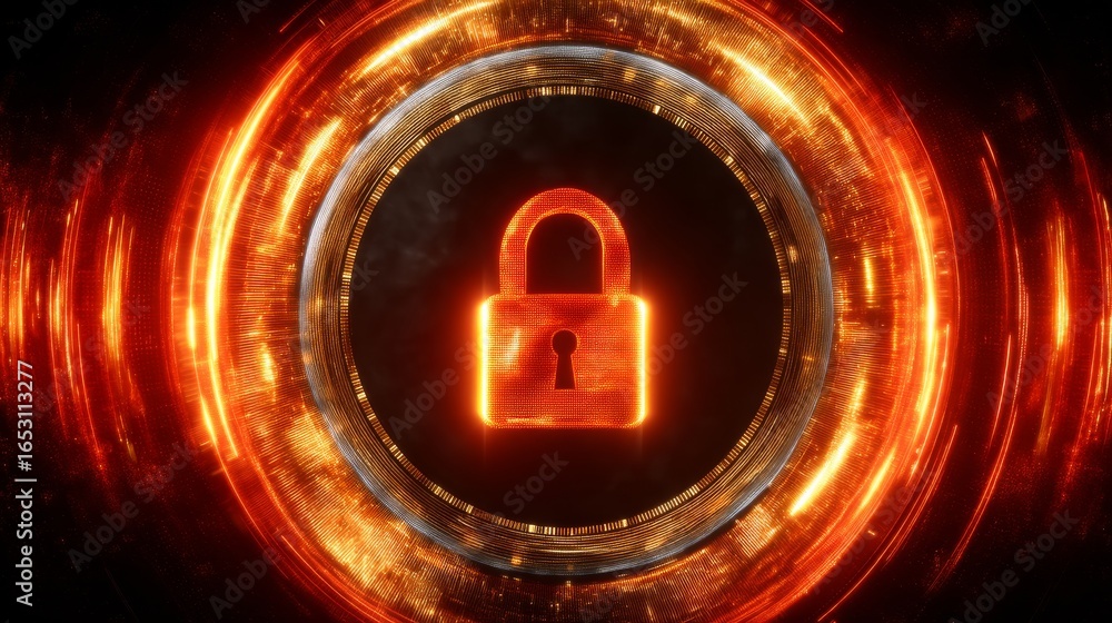 Poster digital lock with glowing animated padlock icon set against vibrant circular background