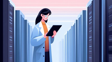 Female technician working in server room