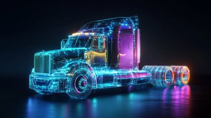 Futuristic 3D illustration of a glowing semi-truck with neon lights and intricate wireframe details, showcasing advanced technology and modern design in a dark environment