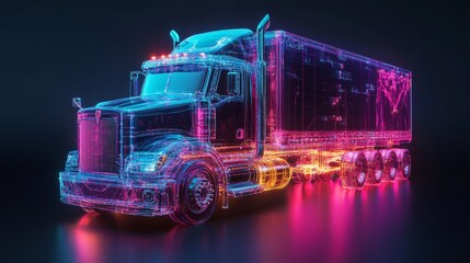 Futuristic 3D illustration of a glowing truck with neon colors, showcasing intricate details and a vibrant design, representing modern transportation technology and innovation