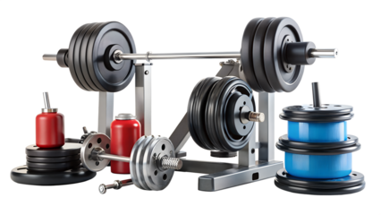 Weightlifting equipment including barbell, dumbbell, and plates for strength training isolated on transparent background