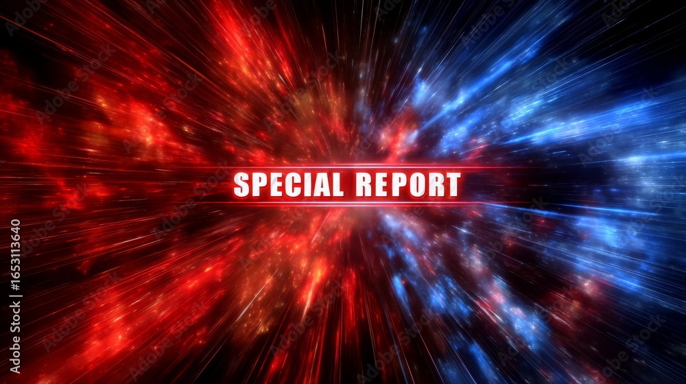 Poster dynamic cosmic background with vibrant red and blue light rays featuring special report text