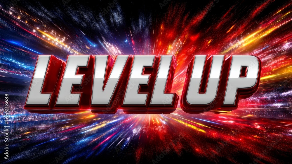 Poster dynamic digital design of level up text with colorful light bursts and energetic effects