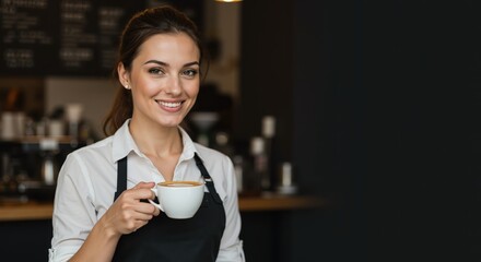 Young woman smiling while holding a coffee cup in a café  