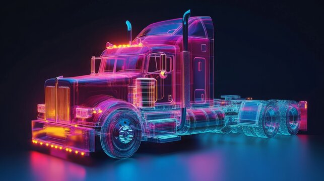 Futuristic 3D illustration of a semi-truck with neon lights, showcasing intricate wireframe design and glowing elements, emphasizing modern technology and innovation in transportation