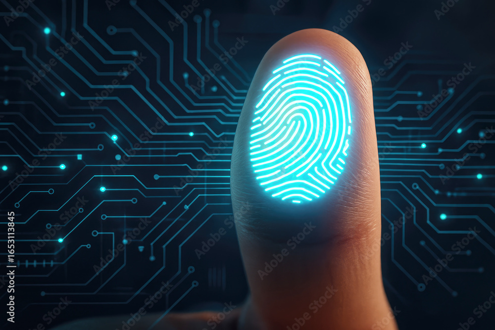 Poster close-up of a thumb with a glowing blue fingerprint scan against a digital circuit board background 