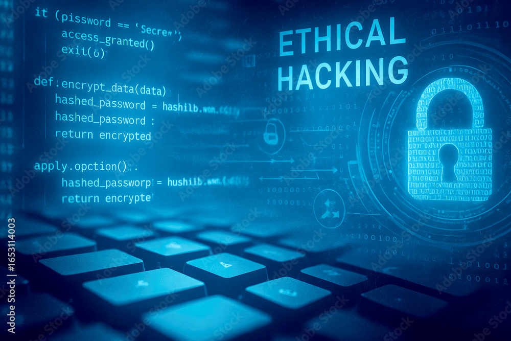 Aufkleber computer keyboard with glowing blue screen displaying ethical hacking code and padlock cybersecurity
