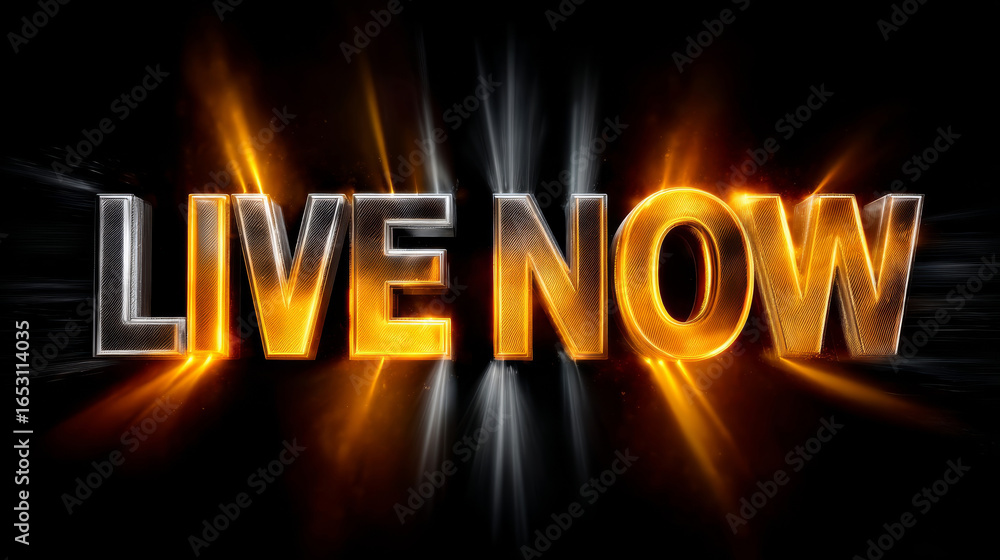 Poster dynamic modern typography display of the phrase live now in glowing gold and silver on dark backgrou