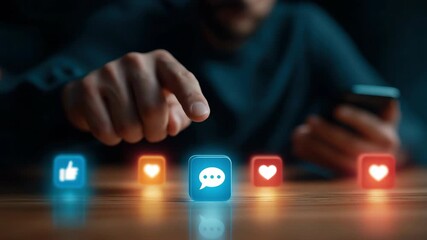 A social media communication and engagement concept with smartphone hand touching digital icons for chat, like, heart, representing online connection, modern technology, glowing touchscreen - Powered by Adobe