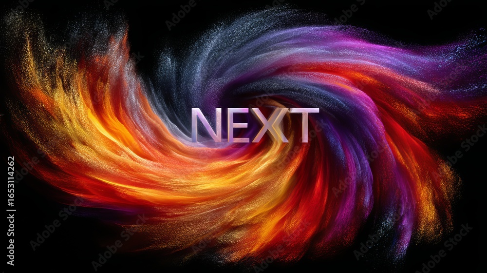 Aufkleber dynamic swirling colorful particles surrounding bold text next on a dark background